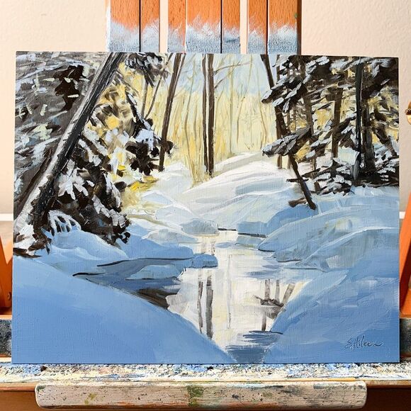 Framed Original Oil Painting Landscape Winter Snowy River Trees 10.5x12.5 Signed - Picture 9 of 9